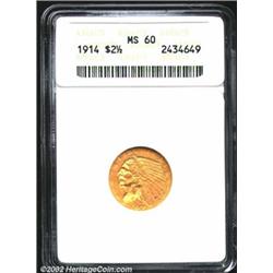 1914 $2 1/2 MS60 ANACS. Pinkish patina lurks within the devices. An attractive and completely proble