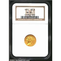 1914 $2 1/2 MS62 NGC. Although the fields are lightly abraded, this nicely struck better date repres