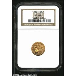 1914 $2 1/2 MS63 NGC. The devices have pinkish patina, while the fields are olive-gold in color. A n