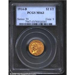 1914-D $2 1/2 MS63 PCGS. Fully struck throughout with pleasing, lustrous surfaces. Scarcer issue. Im