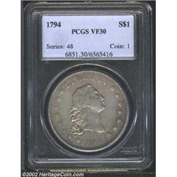 1794 S$1 VF30 PCGS. B-1, BB-1, R.4. The 1794 is one of the most elusive of all Silver Dollars ever s