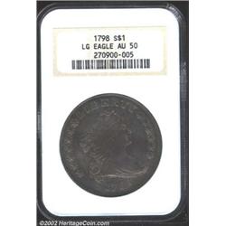 1798 S$1 Large Eagle AU50 NGC. B-19, BB-106, R.5. "Very Wide Date." The obverse die break can be see