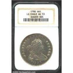 1798 S$1 Large Eagle AU53 NGC. B-20, BB-102, R.5. This die variety is a favorite of this cataloger,.