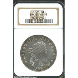 1799 S$1 AU58 NGC. B-6, BB-162, R.4. This variety represents the fourth use of the obverse die that.