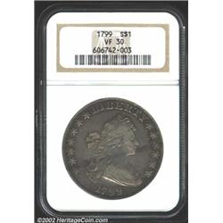 1799 S$1 VF30 NGC. B-8, BB-165, R.3. Medium gray toning covers most of each side with deeper color a