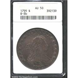 1799 S$1 AU50 ANACS. B-8, BB-165, R.3. Die State II. Note that on this obverse die, Liberty has an "