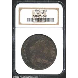 1799 S$1 AU50 NGC. B-14, BB-167, R.3. The obverse die can be identified by the two raised die flaws.