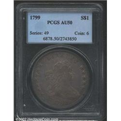 1799 S$1 AU50 PCGS. B-23, BB-159, R.5. This is the popular 1799 "8 x 5 Stars" variety and is listed.