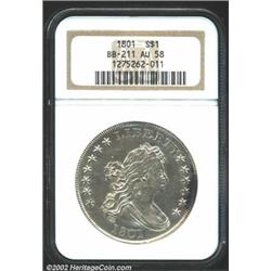 1801 S$1 AU58 NGC. B-1, BB-211, R.3. Die State II. This is Bolender's so-called "Wide Date" variety.