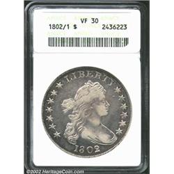 1802/1 S$1 Wide Date VF30 ANACS. B-3, BB-234, R.3. Most easily attributed by the small die flaw in t