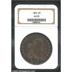 1803 S$1 Small 3 AU53 NGC. B-5, BB-252, R.3. This is the 1803 "Small 3" type, with a "thin" top to t