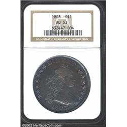 1803 S$1 Large 3 AU53 NGC. B-6, BB-255, R.2. The "Large 3" variety of the 1803 Dollar is plentiful,.