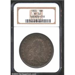 1803 S$1 Large 3 XF40 NGC. B-6, BB-255. Die State II. The spindly obverse crack between stars 9, 10,