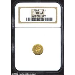 1849 G$1 Open Wreath MS61 NGC. The borders have rich yellow-brown patina. A nicely struck example wi