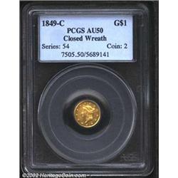 1849-C G$1 Closed Wreath AU50 PCGS. This is a rare Type One gold dollar from a mintage of 11,634 pie