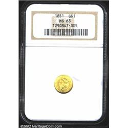 1851 G$1 MS63 NGC. A sharply struck Gold Dollar that has good luster and only the faintest slide mar