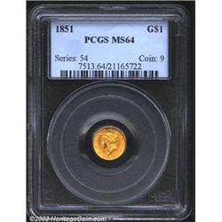 1851 G$1 MS64 PCGS. Powerfully brought up, the surfaces display warm orange-gold color and a softly.