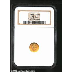 1852 G$1 MS63 NGC. A well struck and lustrous representative that has rich honey-gold patina. Well p