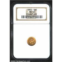 1853 G$1 MS62 NGC. A well struck and nearly unabraded example that has bright color and luster. The.