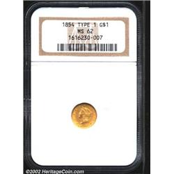 1854 G$1 Type One MS62 NGC. Subdued yellow surfaces with a couple of darker spots of patination near