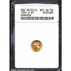 1854-S G$1--Damaged--ANACS. Unc Details, Net AU50. Well struck with flashy luster. A fairly deep scr