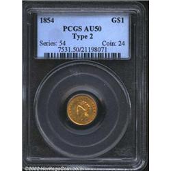 1854 G$1 Type Two AU50 PCGS. This is an originally preserved example of this classic issue, with onl