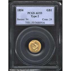 1854 G$1 Type Two AU53 PCGS. Pale yellow surfaces with some wear on the high points. Faint die clash