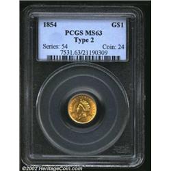 1854 G$1 Type Two MS63 PCGS. Smoother than the BU quality Type Two Gold Dollars that we are also off