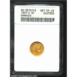 1857-C G$1--Damaged--ANACS. AU Details, Net XF40. The obverse field has a small depression below IT.
