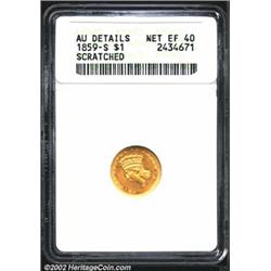 1859-S G$1--Scratched--ANACS. AU Details, Net XF40. The cheek has a vertical pinscratch, with a seco