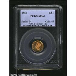 1860 G$1 MS67 PCGS. The 1860 Gold Dollar is the rarest Philadelphia Mint issue prior to 1863. Less t