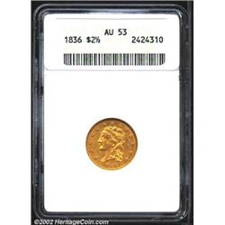 1836 $2 1/2 Script 8 AU53 ANACS. McCloskey-D, R.2. Breen-6143, Head of 1835. Pleasing golden-brown c