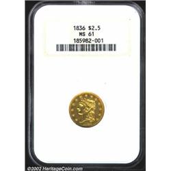 1836 $2 1/2 Script 8 MS61 NGC. Head of 1835, Breen-6143, McCloskey-D, R.2. A rather prooflike specim
