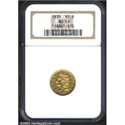 1839 $2 1/2 AU53 NGC. Nicely struck and relatively clean with bright luster on the devices. A scarce