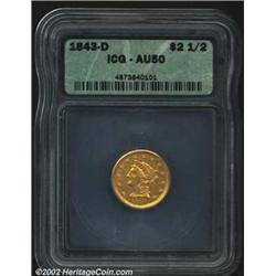1843-D $2 1/2 Small D AU50 ICG. Winter 4-C, with a die crack through the first S in STATES. Somewhat