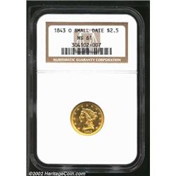 1843-O $2 1/2 Small Date MS61 NGC. Only lightly abraded for the grade, and the luster is bright and.