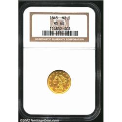 1845 $2 1/2 MS62 NGC. A bright example that has pleasing eye appeal due to its unblemished surfaces.