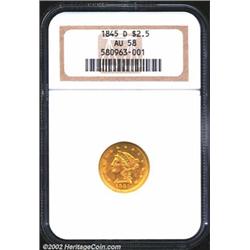 1845-D $2 1/2 AU58 NGC. Produced to the extent of just 19,460 pieces, the 1845-D has an extant popul