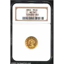 1846 $2 1/2 AU58 NGC. This early P-mint Quarter Eagle has an enticingly low mintage of just 21,598 p