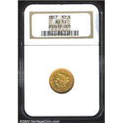 1847 $2 1/2 AU53 NGC. The fields have deep orange-gold color. The eagle's leg is somewhat softly str