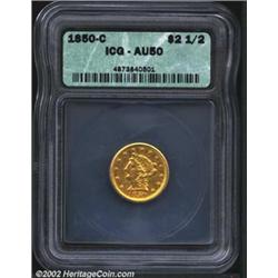 1850-C $2 1/2 AU50 ICG. Although the 1850-C is the second most available C-mint Quarter Eagle from t