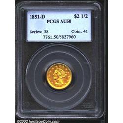 1851-D $2 1/2 AU50 PCGS. An undervalued and often forgotten D-mint Quarter Eagle rarity, the '51-D i