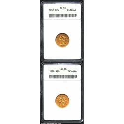 1852 $2 1/2 AU55 ANACS, deep burnt-orange color, nicely struck and clearly original; and an 1856 AU5