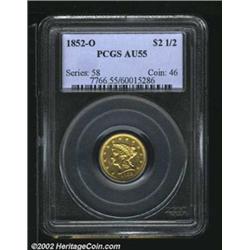 1852-O $2 1/2 AU55 PCGS. The margins have bright luster. The lower half of the eagle is somewhat sof