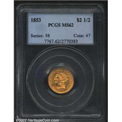 1853 $2 1/2 MS62 PCGS. Rich orange-gold patina. The surfaces are exceptionally clean and have good l