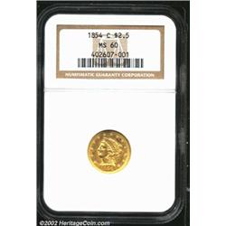 1854-C $2 1/2 MS60 NGC. With only 7,295 pieces struck, the 1854-C is understandably scarce in all gr
