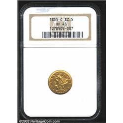 1855-C $2 1/2 XF45 NGC. With only 3,677 pieces struck, the 1855-C is one of the most elusive of all.