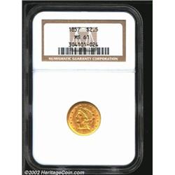 1857 $2 1/2 MS61 NGC. An attractive example that has surprisingly clean surfaces. The strike is rela