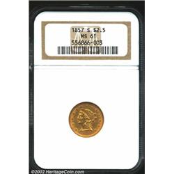 1857-S $2 1/2 MS61 NGC. The 1857-S is a scarcer S-mint Quarter Eagle, even though 69,200 pieces were