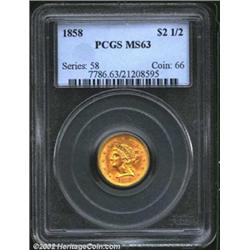 1858 $2 1/2 MS63 PCGS. A low mintage P-mint Quarter Eagle from the 1850s, the 1858 was produced to t